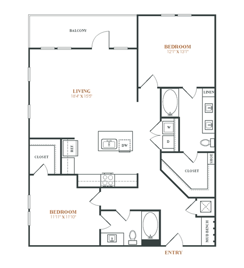 Floor plan for 2 beds, 2 baths, 1230 sqft